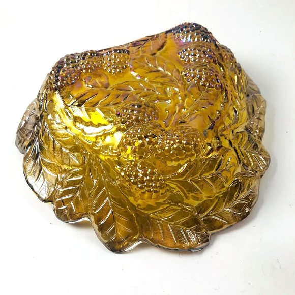 Vintage Indiana Loganberry Carnival Glass Bowl Marigold Amber Leaves Candy Dish - Picture 4 of 5